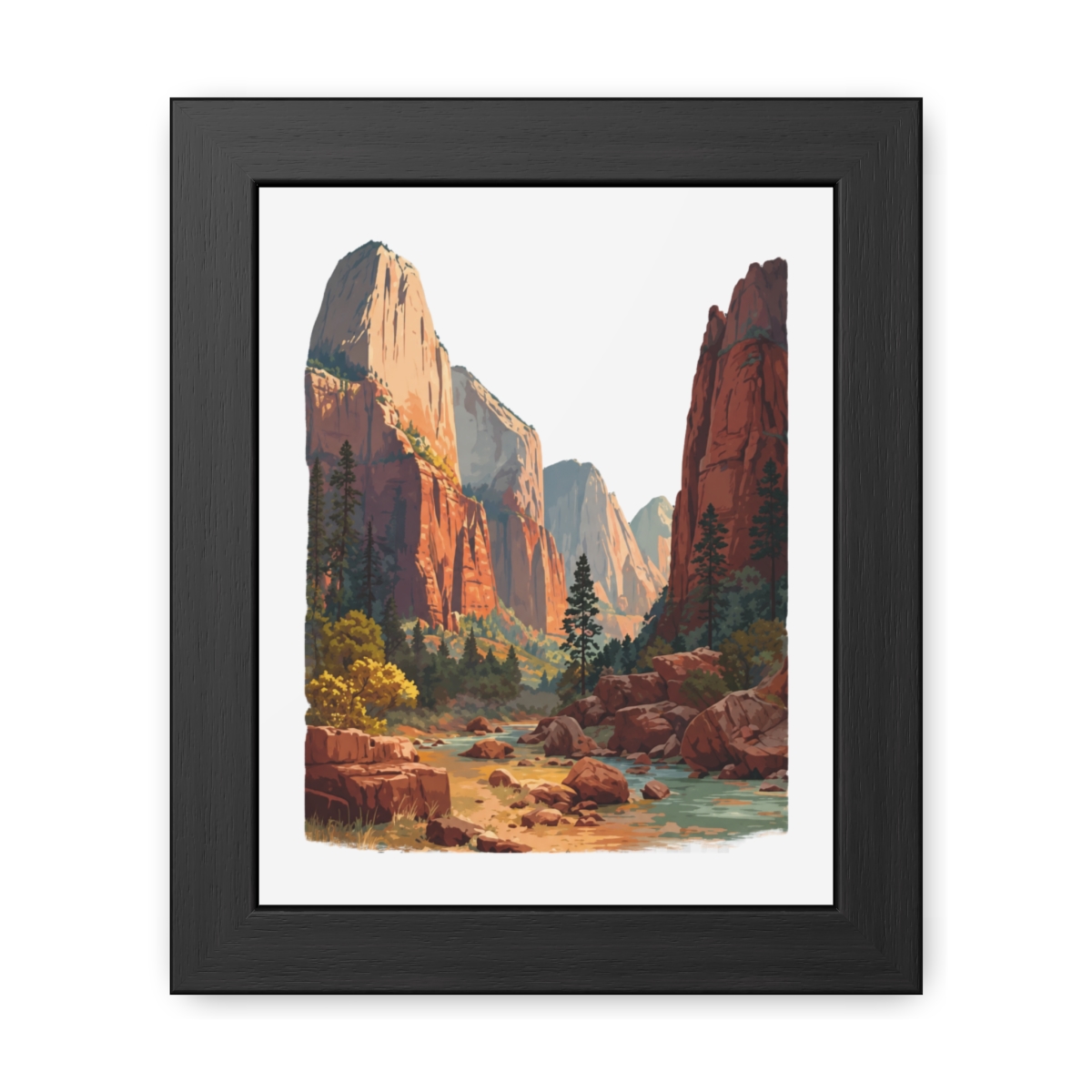 A framed art print depicting Zion National Park in Utah. The image shows towering red rock formations, a river, and greenery under a bright sky. The text "ZION NATIONAL PARK | UTAH" is displayed at...