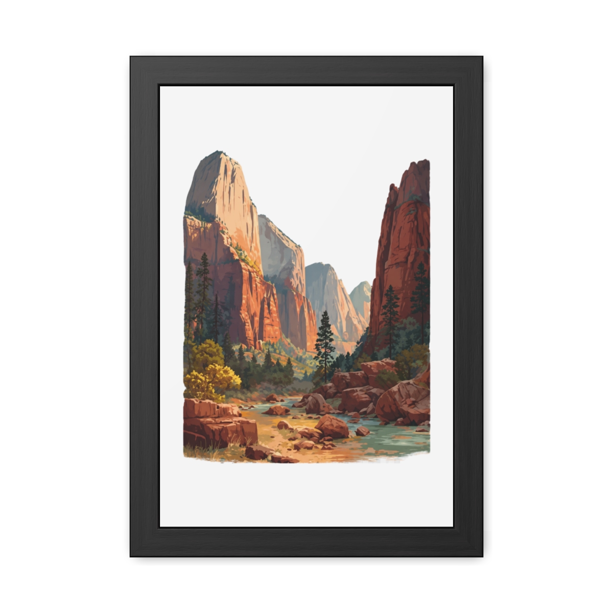 A framed art print depicting Zion National Park in Utah. The image shows towering red rock formations, a river, and greenery under a bright sky. The text "ZION NATIONAL PARK | UTAH" is displayed at... - Official posters-wall-art merchandise