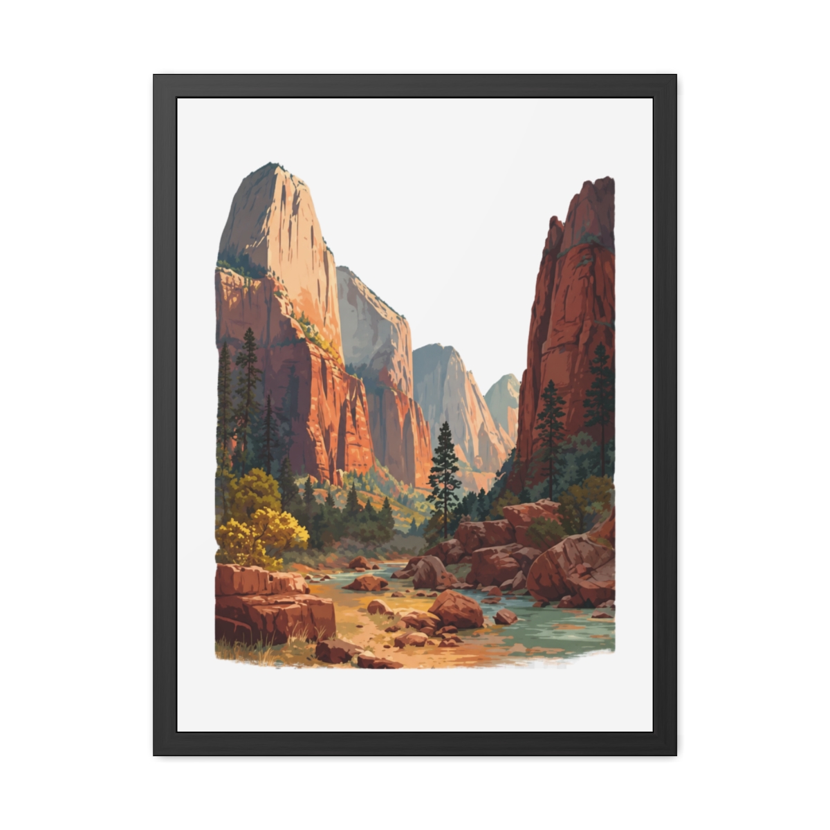 A framed art print depicting Zion National Park in Utah. The image shows towering red rock formations, a river, and greenery under a bright sky. The text "ZION NATIONAL PARK | UTAH" is displayed at... - alternate angle 4, merchandise