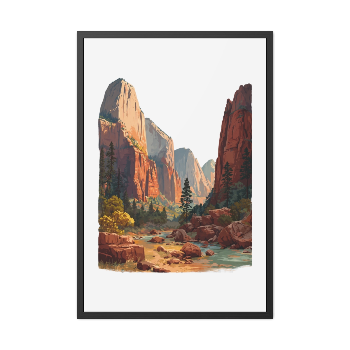 A framed art print depicting Zion National Park in Utah. The image shows towering red rock formations, a river, and greenery under a bright sky. The text "ZION NATIONAL PARK | UTAH" is displayed at... - alternate angle 2, merchandise