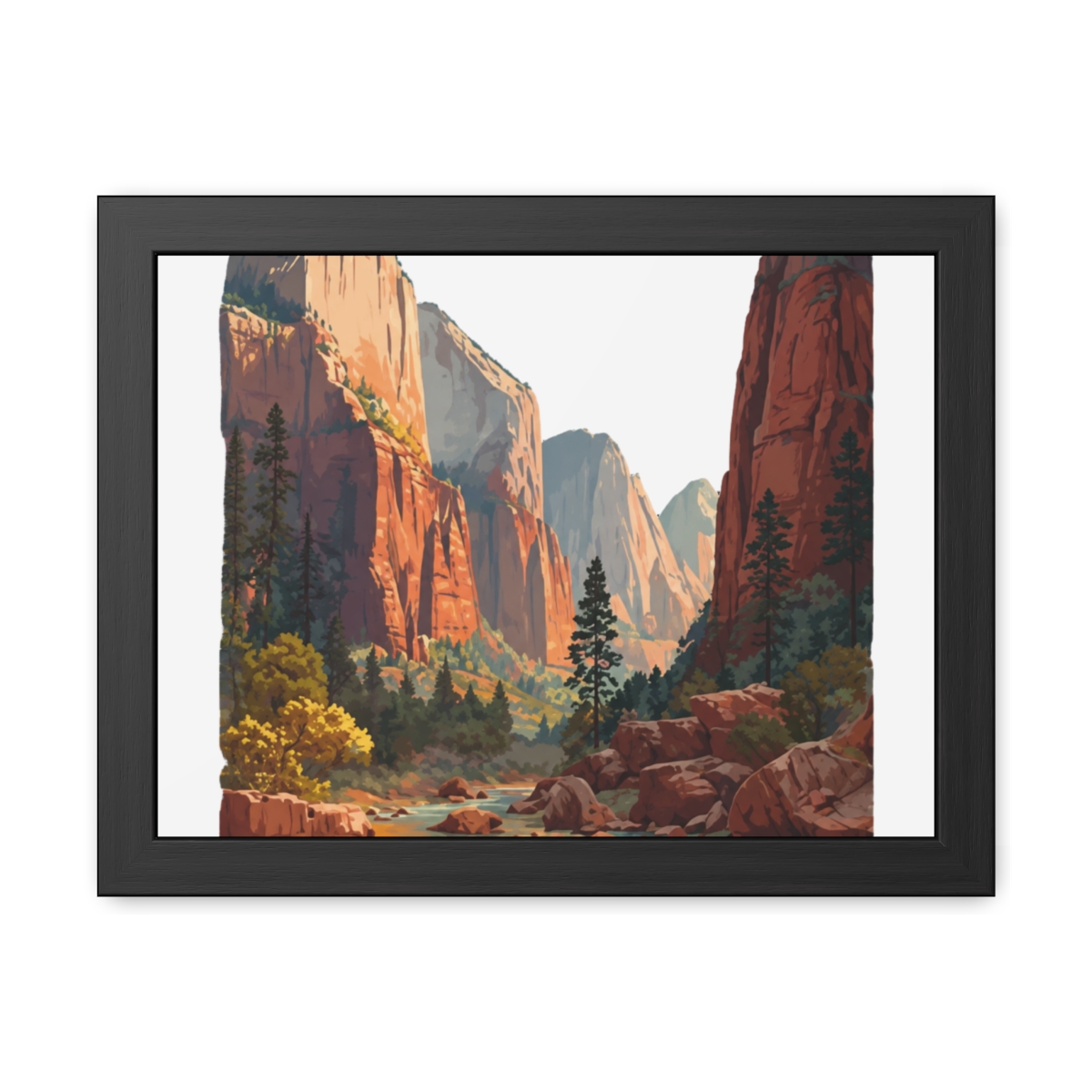 A framed art print depicting Zion National Park in Utah. The image shows towering red rock formations, a river, and greenery under a bright sky. The text "ZION NATIONAL PARK | UTAH" is displayed at... - alternate angle 3, merchandise