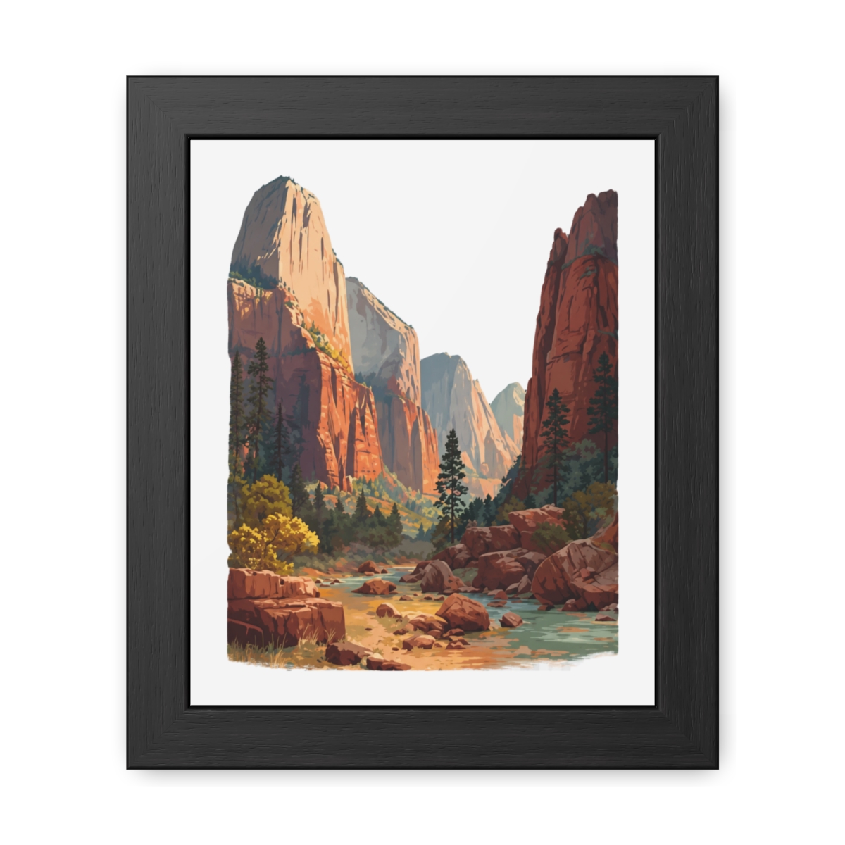 A framed art print depicting Zion National Park in Utah. The image shows towering red rock formations, a river, and greenery under a bright sky. The text "ZION NATIONAL PARK | UTAH" is displayed at... - alternate angle 1, merchandise