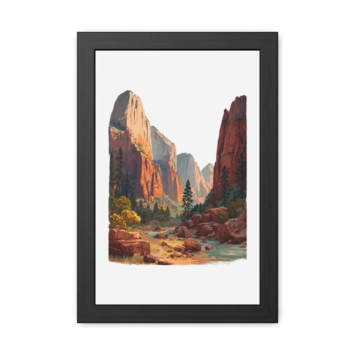 A framed art print depicting Zion National Park in Utah. The image shows towering red rock formations, a river, and greenery under a bright sky. The text "ZION NATIONAL PARK | UTAH" is displayed at... - alternate angle 5, merchandise