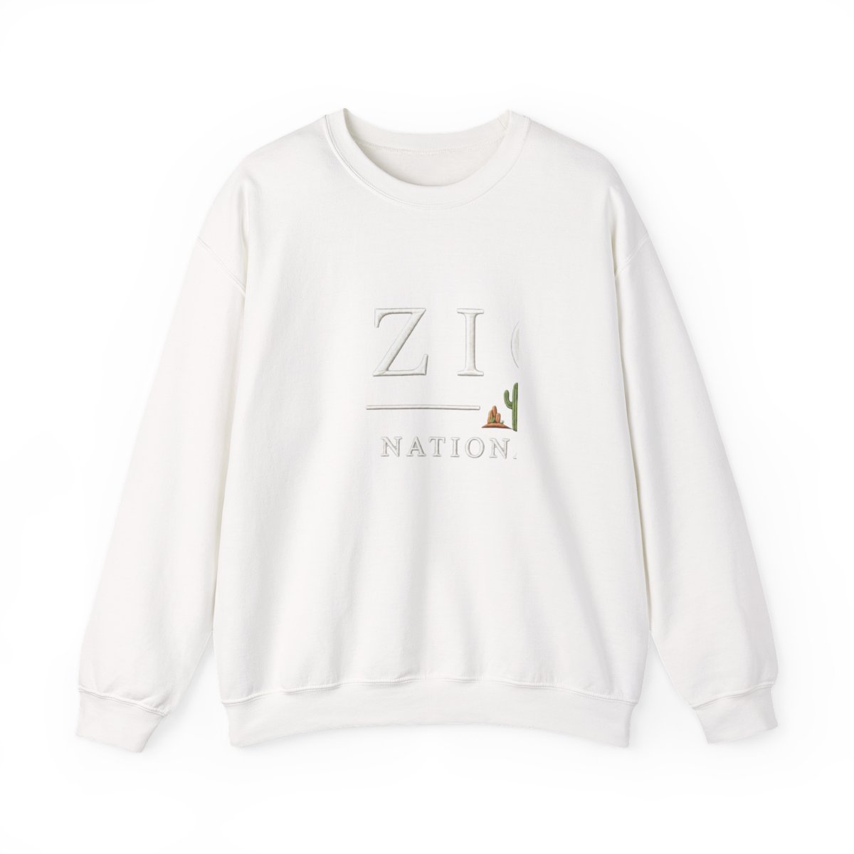 A navy blue Hoodies featuring white text: "ZION NATIONAL PARK". Below the word "ZION" is a green and brown cactus graphic. The word is in a white rectangle at the bottom of the image