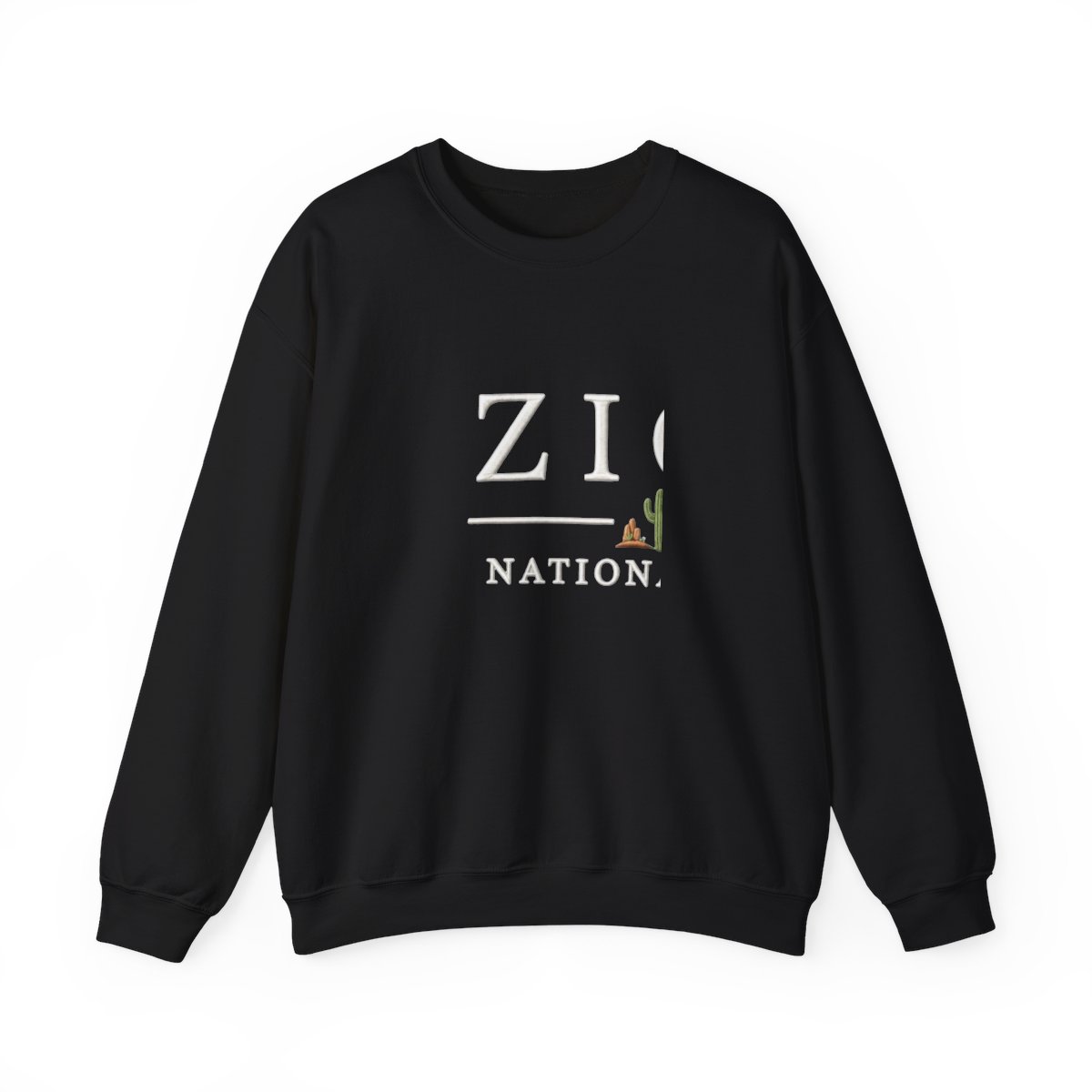 A navy blue Hoodies featuring white text: "ZION NATIONAL PARK". Below the word "ZION" is a green and brown cactus graphic. The word is in a white rectangle at the bottom of the image - alternate angle 3, merchandise