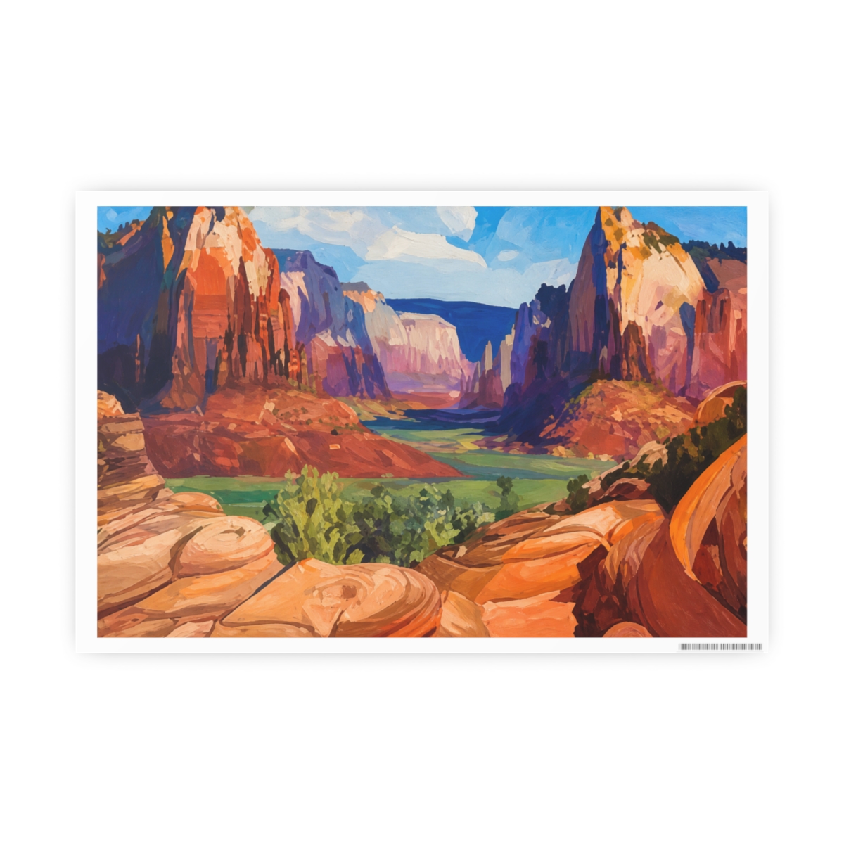 A canvas print of a canyon landscape, showcasing towering red rock formations, green foliage, and a blue sky. The artwork uses a vivid palette of oranges, reds, greens, and blues, capturing the... - alternate angle 5, merchandise