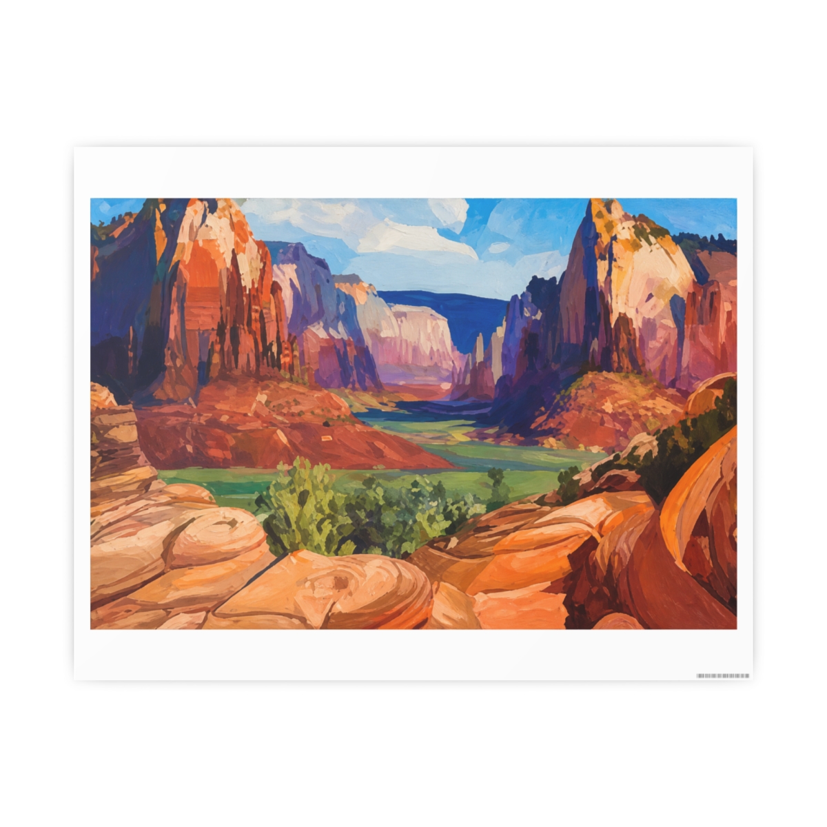 A canvas print of a canyon landscape, showcasing towering red rock formations, green foliage, and a blue sky. The artwork uses a vivid palette of oranges, reds, greens, and blues, capturing the... - Official hats-caps merchandise
