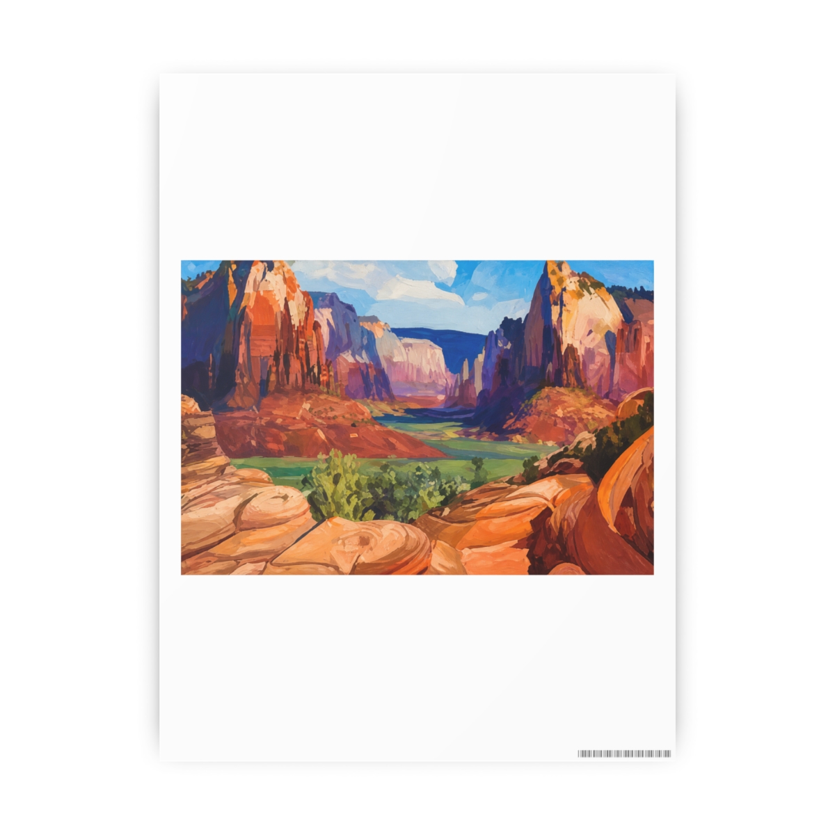 A canvas print of a canyon landscape, showcasing towering red rock formations, green foliage, and a blue sky. The artwork uses a vivid palette of oranges, reds, greens, and blues, capturing the... - alternate angle 4, merchandise