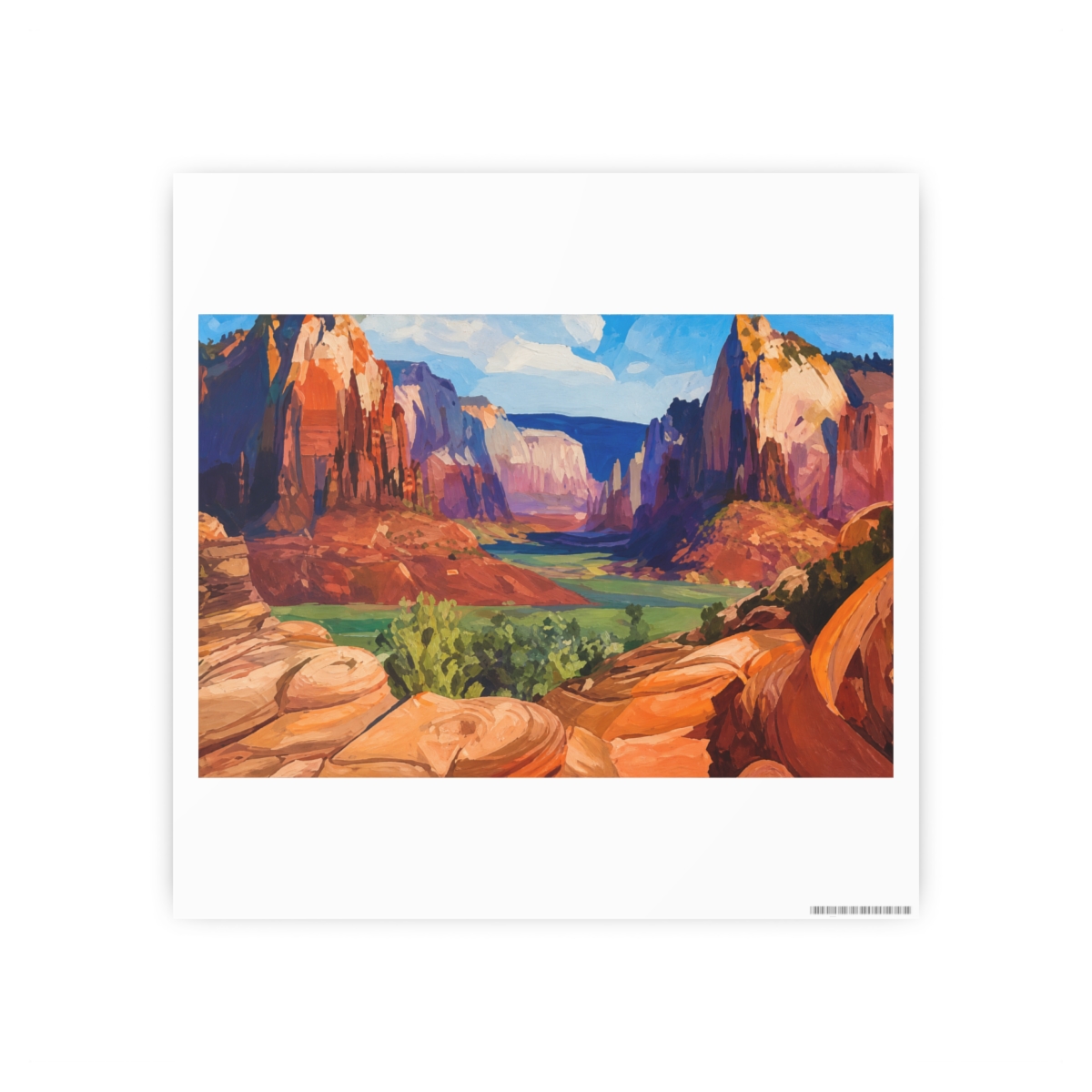A canvas print of a canyon landscape, showcasing towering red rock formations, green foliage, and a blue sky. The artwork uses a vivid palette of oranges, reds, greens, and blues, capturing the... - alternate angle 1, merchandise