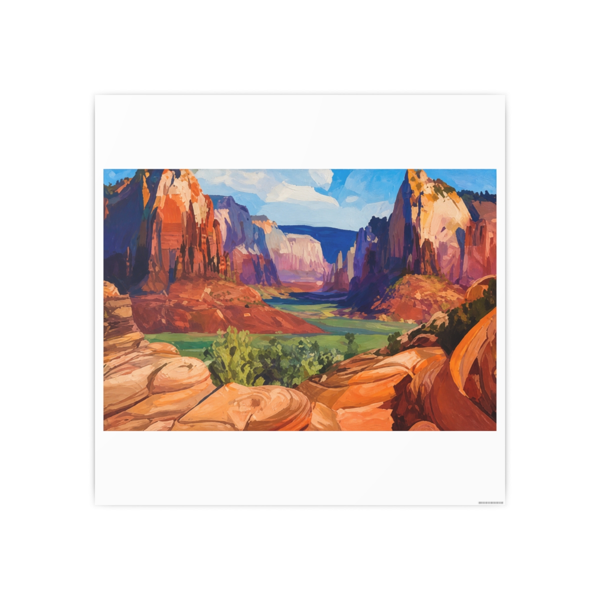 A canvas print of a canyon landscape, showcasing towering red rock formations, green foliage, and a blue sky. The artwork uses a vivid palette of oranges, reds, greens, and blues, capturing the... - alternate angle 2, merchandise