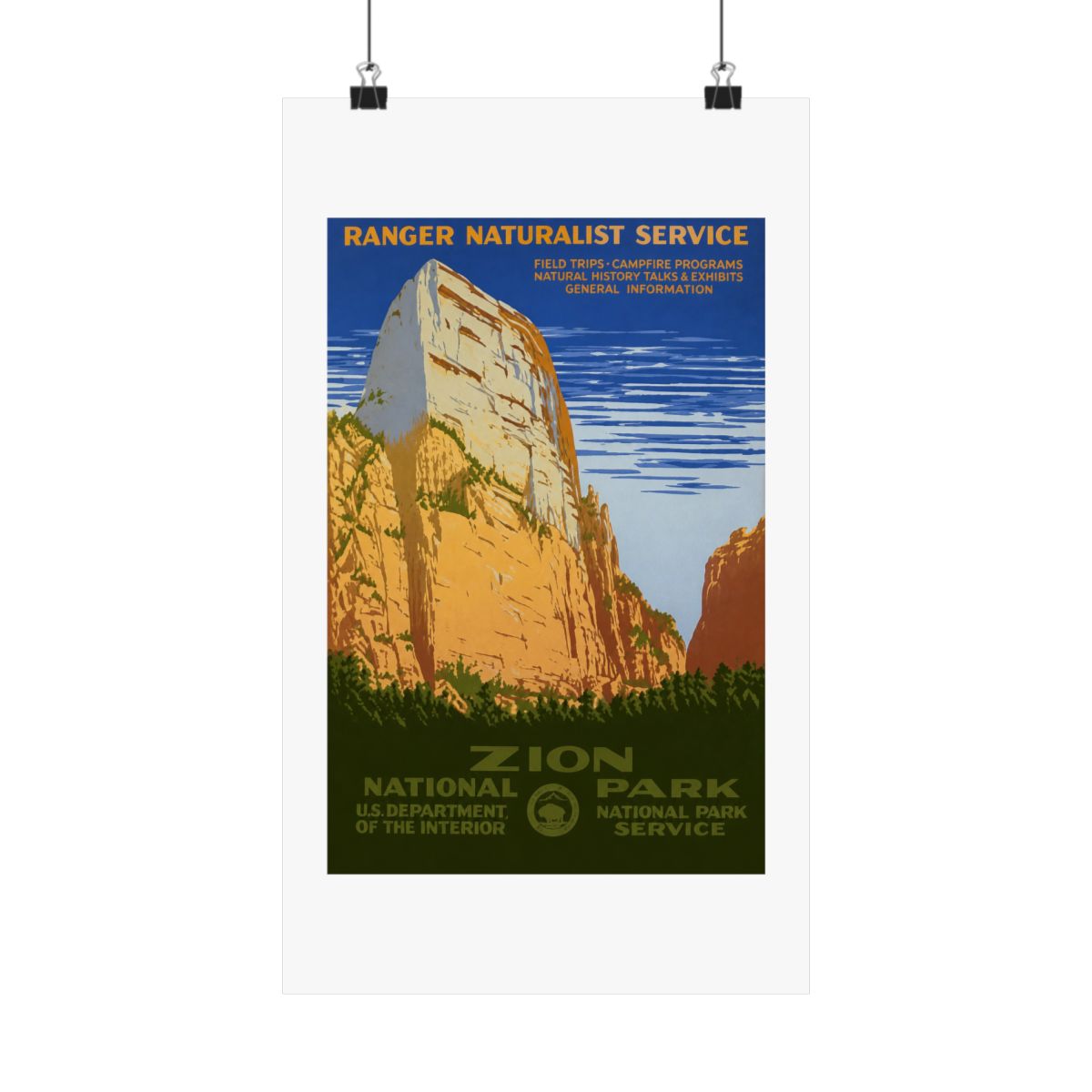 Vintage poster advertising Zion National Park. The image shows a large rock formation in shades of tan and orange, with green vegetation at the base. The poster includes the text "RANGER NATURALIST... - alternate angle 4, merchandise