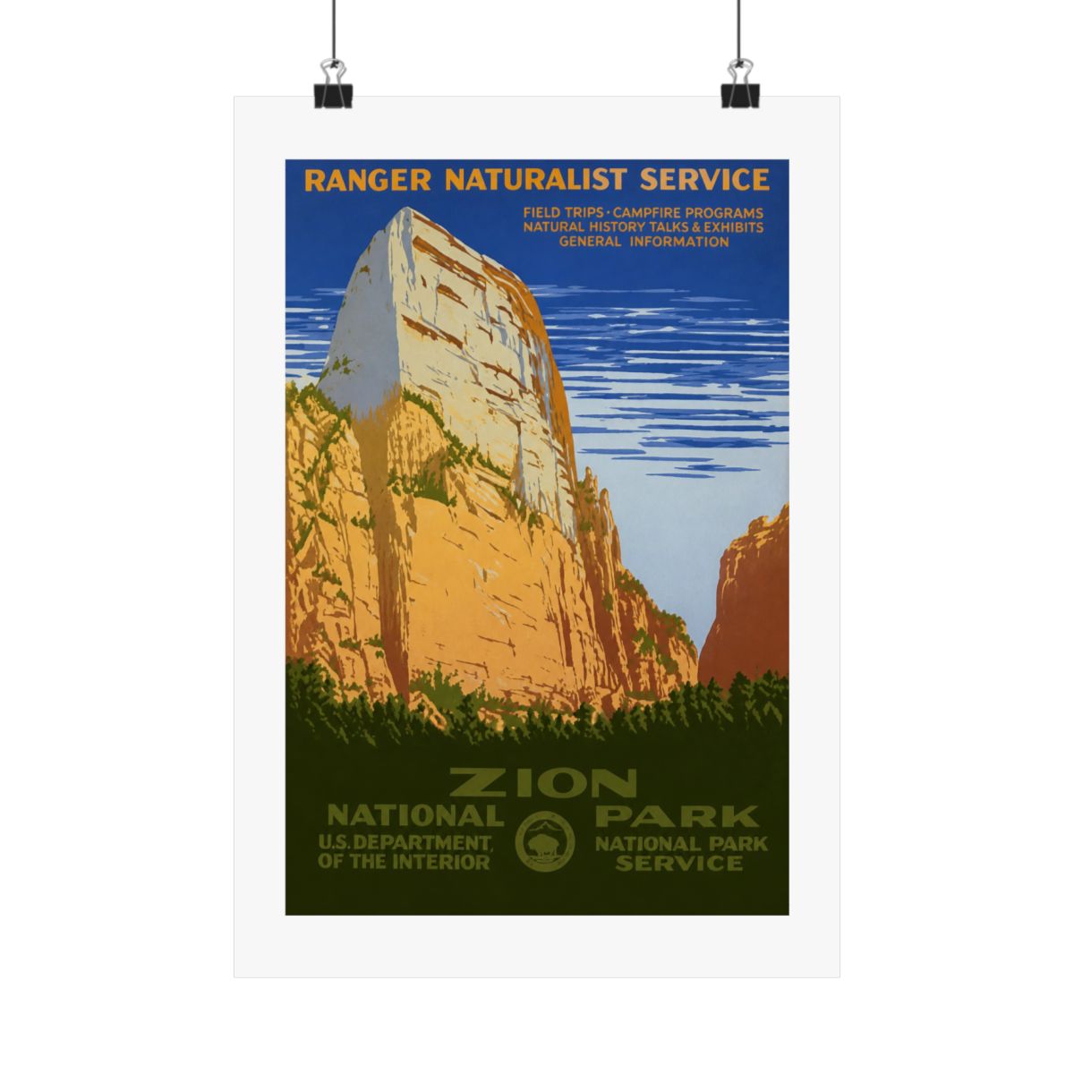 Vintage poster advertising Zion National Park. The image shows a large rock formation in shades of tan and orange, with green vegetation at the base. The poster includes the text "RANGER NATURALIST... - alternate angle 5, merchandise
