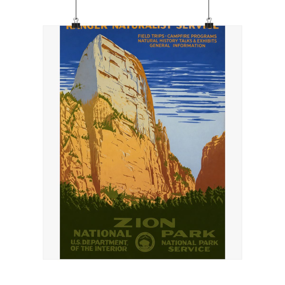 Vintage poster advertising Zion National Park. The image shows a large rock formation in shades of tan and orange, with green vegetation at the base. The poster includes the text "RANGER NATURALIST... - alternate angle 2, merchandise