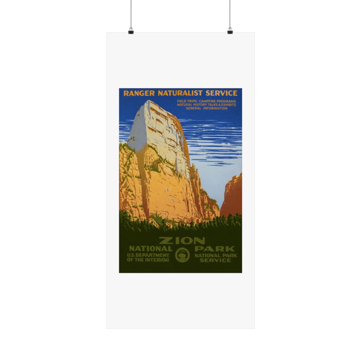 Vintage poster advertising Zion National Park. The image shows a large rock formation in shades of tan and orange, with green vegetation at the base. The poster includes the text "RANGER NATURALIST... - alternate angle 5, merchandise