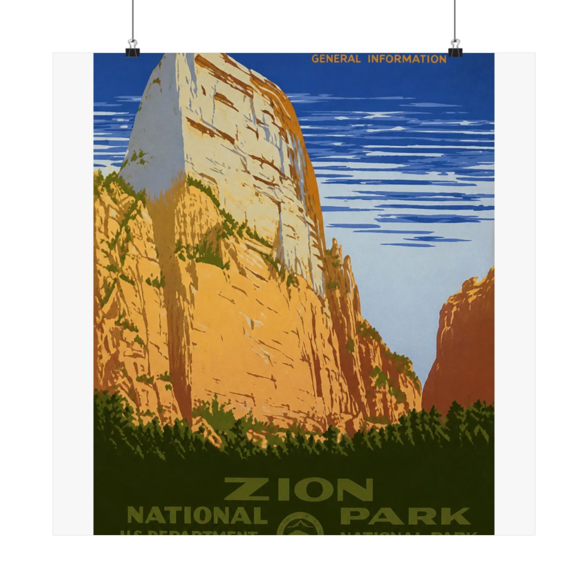 Vintage poster advertising Zion National Park. The image shows a large rock formation in shades of tan and orange, with green vegetation at the base. The poster includes the text "RANGER NATURALIST... - alternate angle 3, merchandise