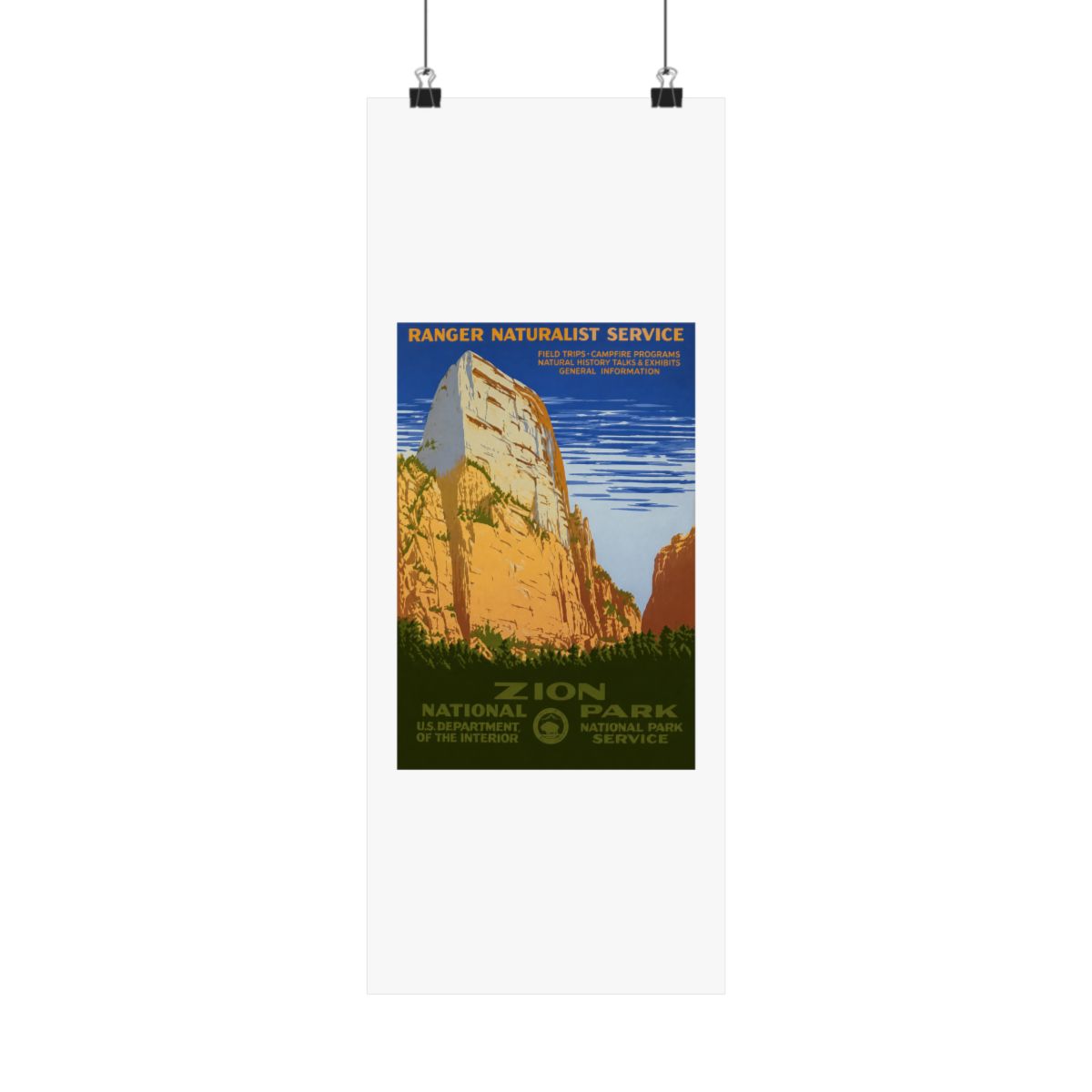 Vintage poster advertising Zion National Park. The image shows a large rock formation in shades of tan and orange, with green vegetation at the base. The poster includes the text "RANGER NATURALIST... - alternate angle 2, merchandise