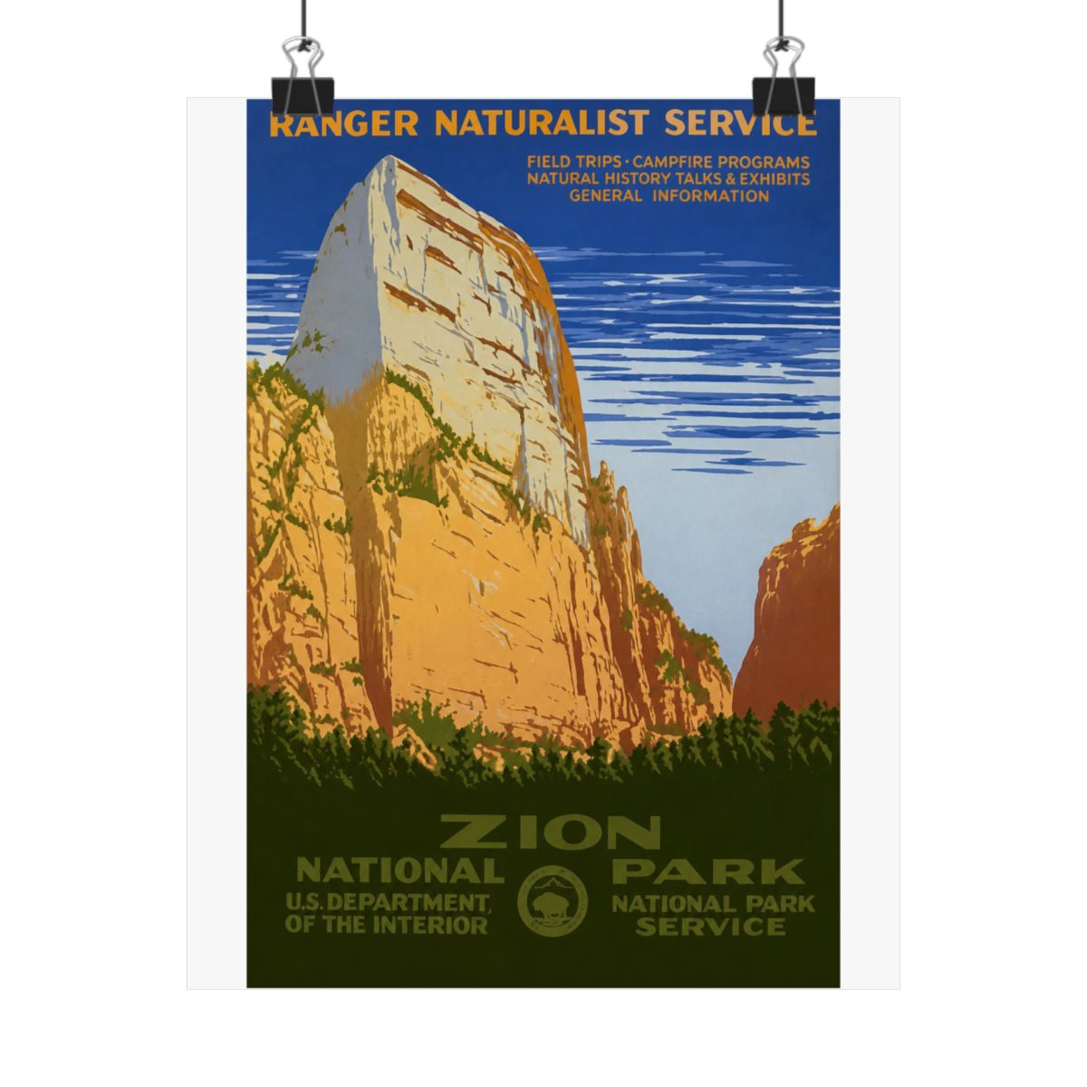 Vintage poster advertising Zion National Park. The image shows a large rock formation in shades of tan and orange, with green vegetation at the base. The poster includes the text "RANGER NATURALIST...