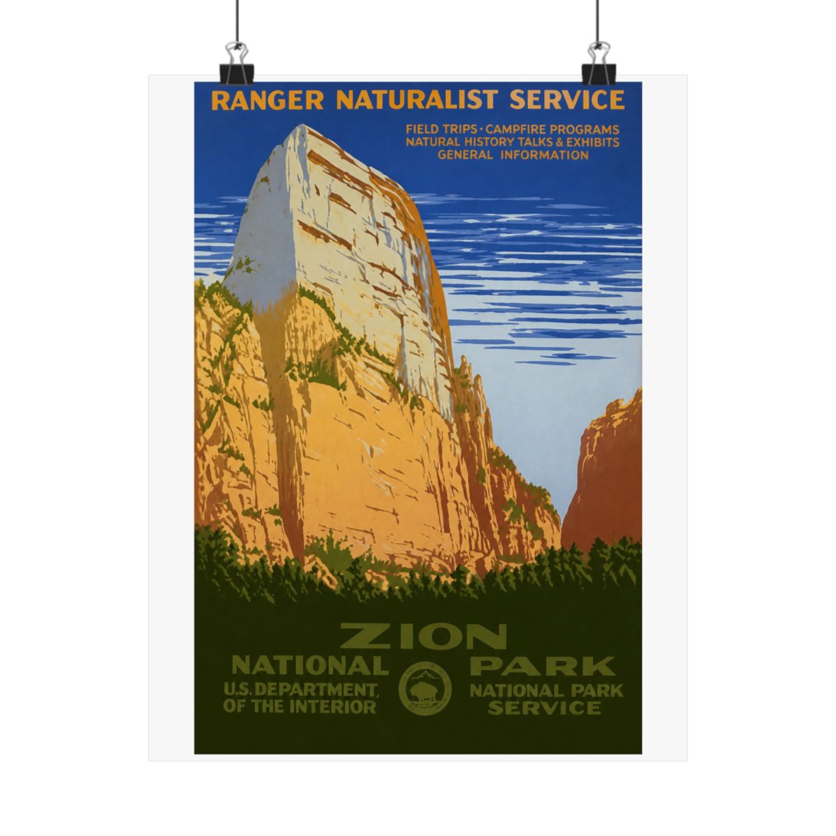 Vintage poster advertising Zion National Park. The image shows a large rock formation in shades of tan and orange, with green vegetation at the base. The poster includes the text "RANGER NATURALIST... - alternate angle 1, merchandise