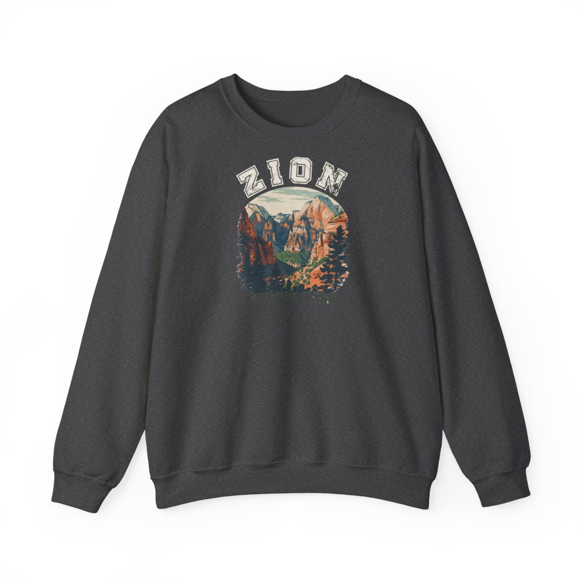 Green Hoodies featuring a vintage-style graphic of Zion National Park. The graphic depicts a mountain range with a river flowing through it. The text "Zion National Park" is printed beneath the... - alternate angle 2, merchandise