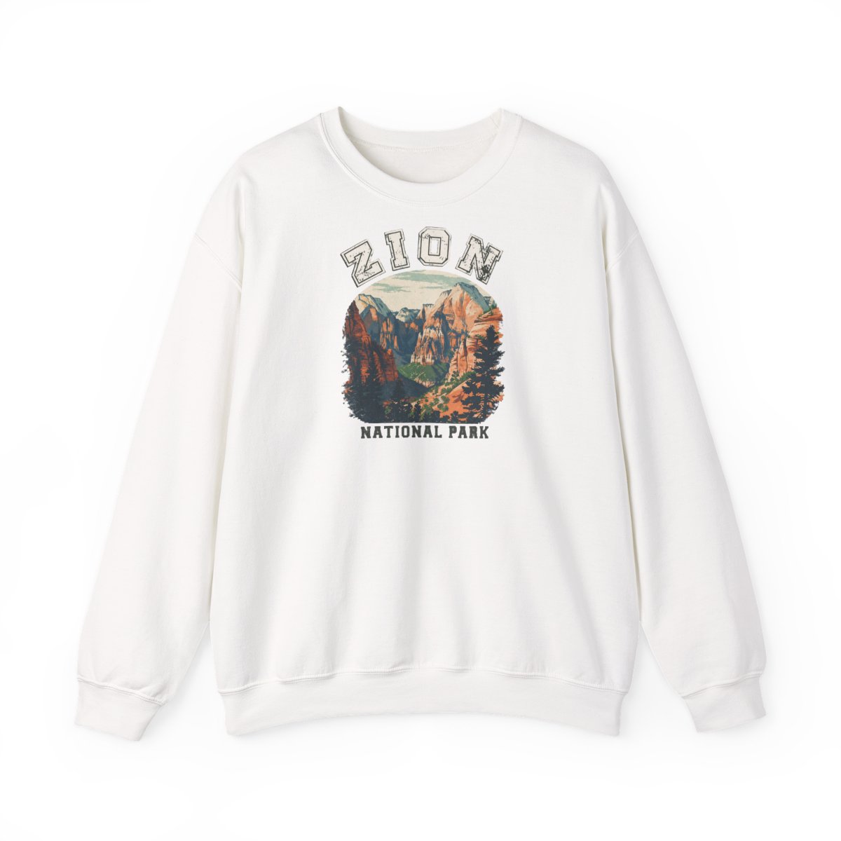 Green Hoodies featuring a vintage-style graphic of Zion National Park. The graphic depicts a mountain range with a river flowing through it. The text "Zion National Park" is printed beneath the... - alternate angle 2, merchandise