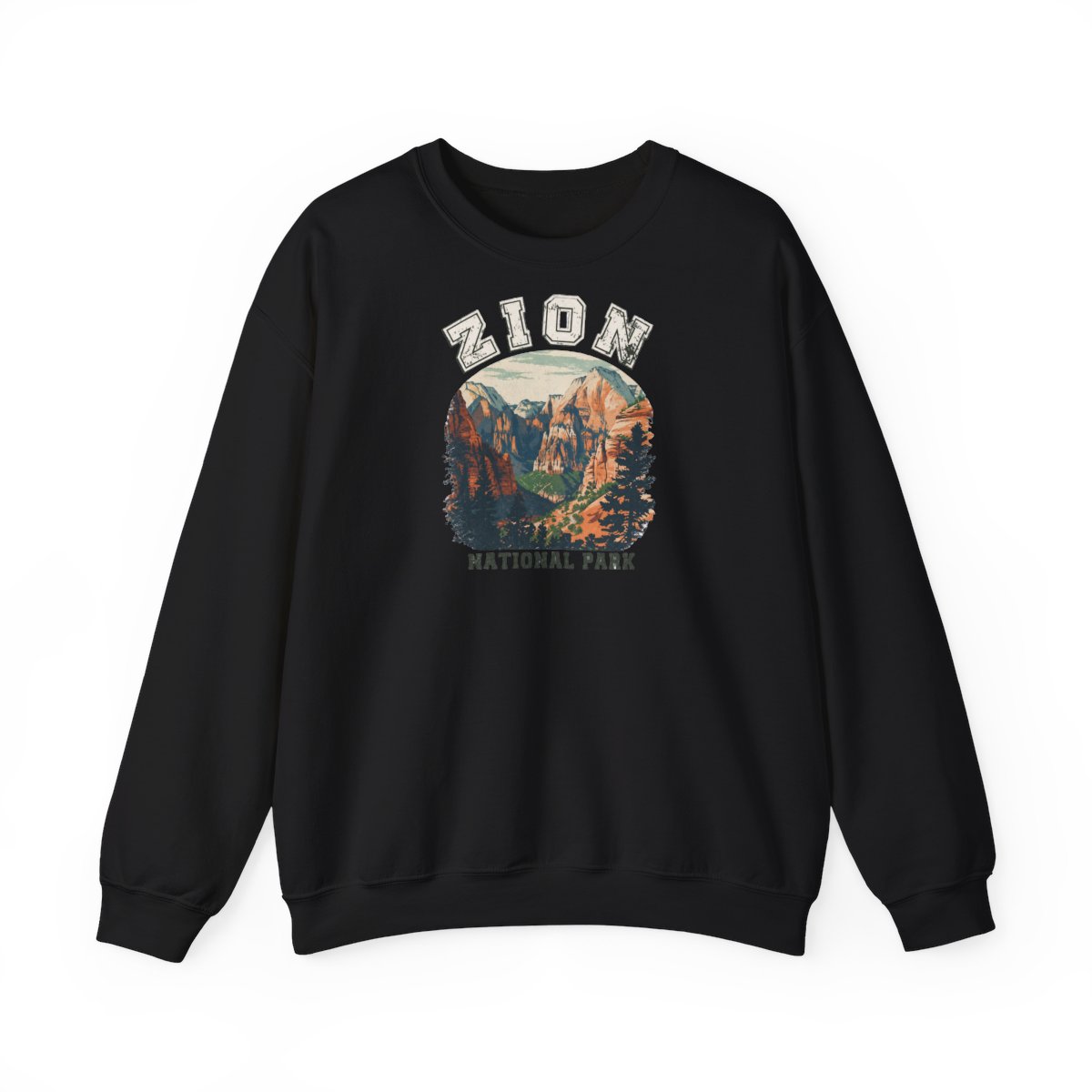 Green Hoodies featuring a vintage-style graphic of Zion National Park. The graphic depicts a mountain range with a river flowing through it. The text "Zion National Park" is printed beneath the...