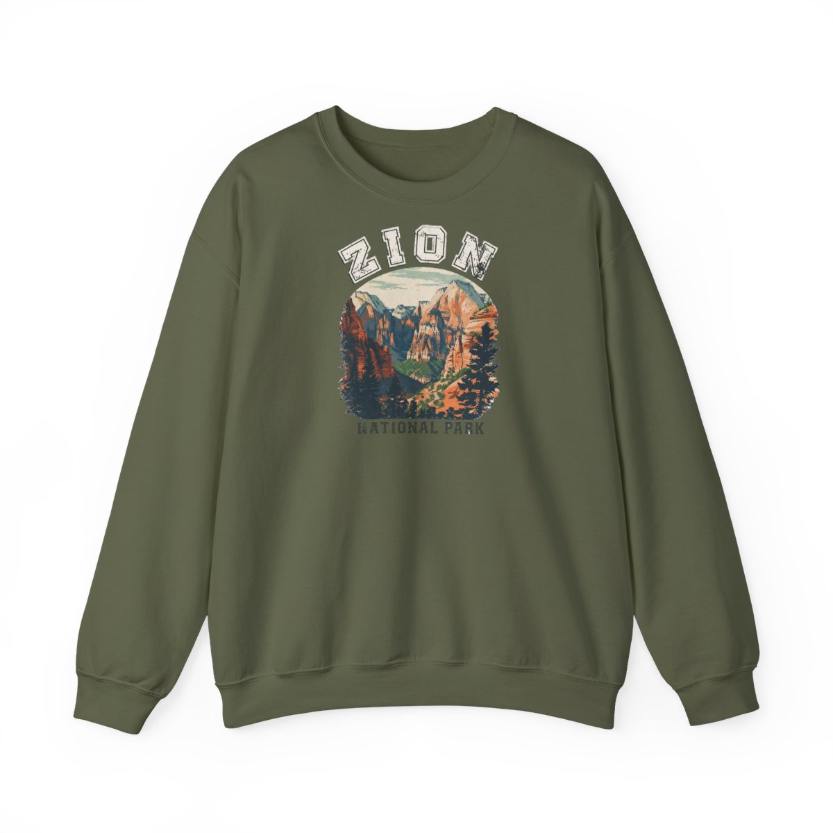 Green Hoodies featuring a vintage-style graphic of Zion National Park. The graphic depicts a mountain range with a river flowing through it. The text "Zion National Park" is printed beneath the... - alternate angle 5, merchandise